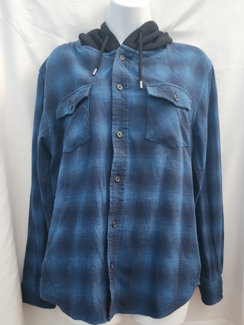 Urban Pipelije Blue Plaid Button-Up Shirt with Black Hood